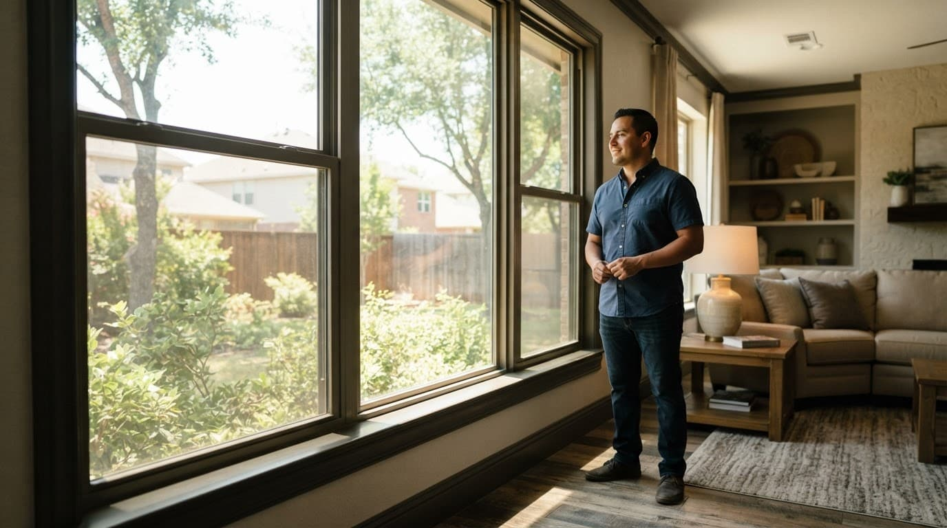A homeowner stands beside a large window in a sunlit living room.