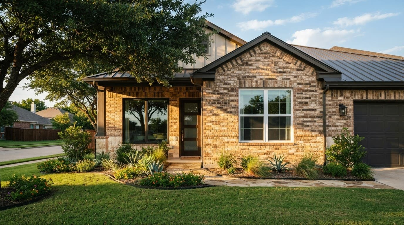 A brick Texas home with a picture window and double-hung window beneath a shade tree.