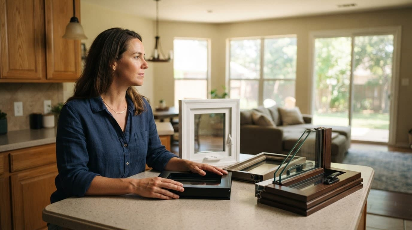 Homeowner compares window samples on a kitchen counter near bright windows.