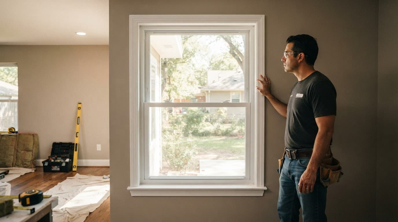 An installer checks a newly fitted casement window in a renovated living room.