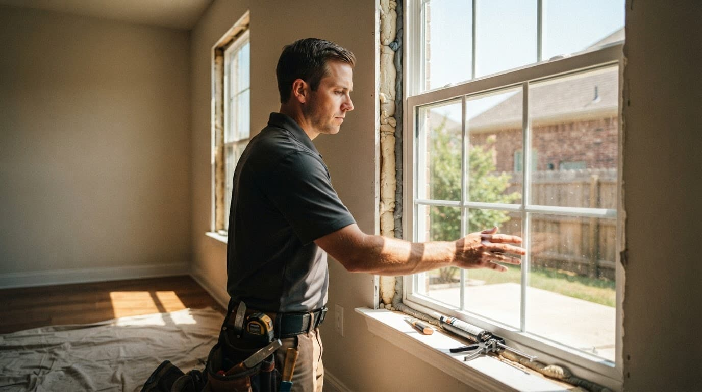 Installer checks the seal around a replacement window while tools rest nearby.