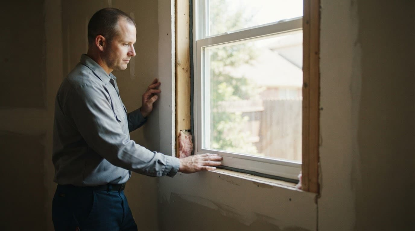 Installer checking the seal around a replacement window with exposed insulation.