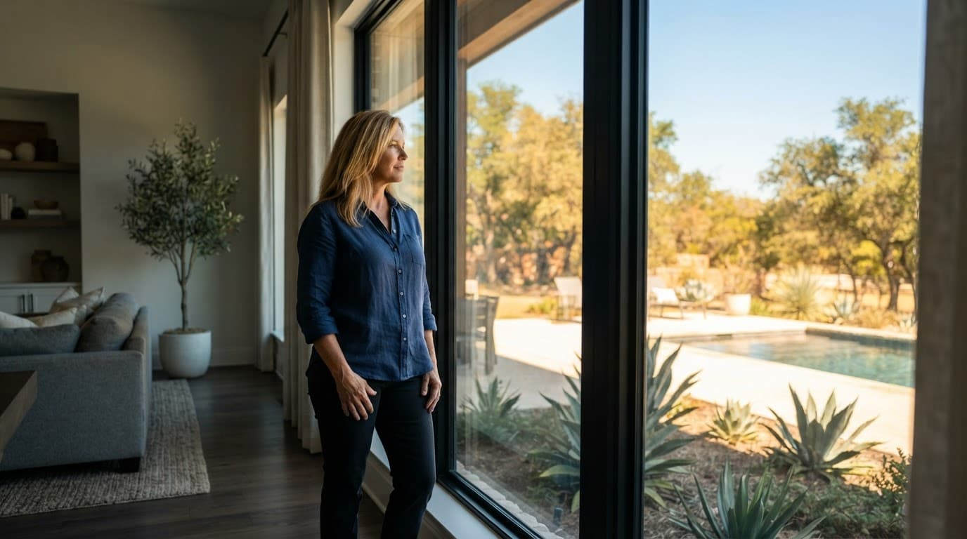 A homeowner stands beside a large window separating hot sunlight from a cool room.