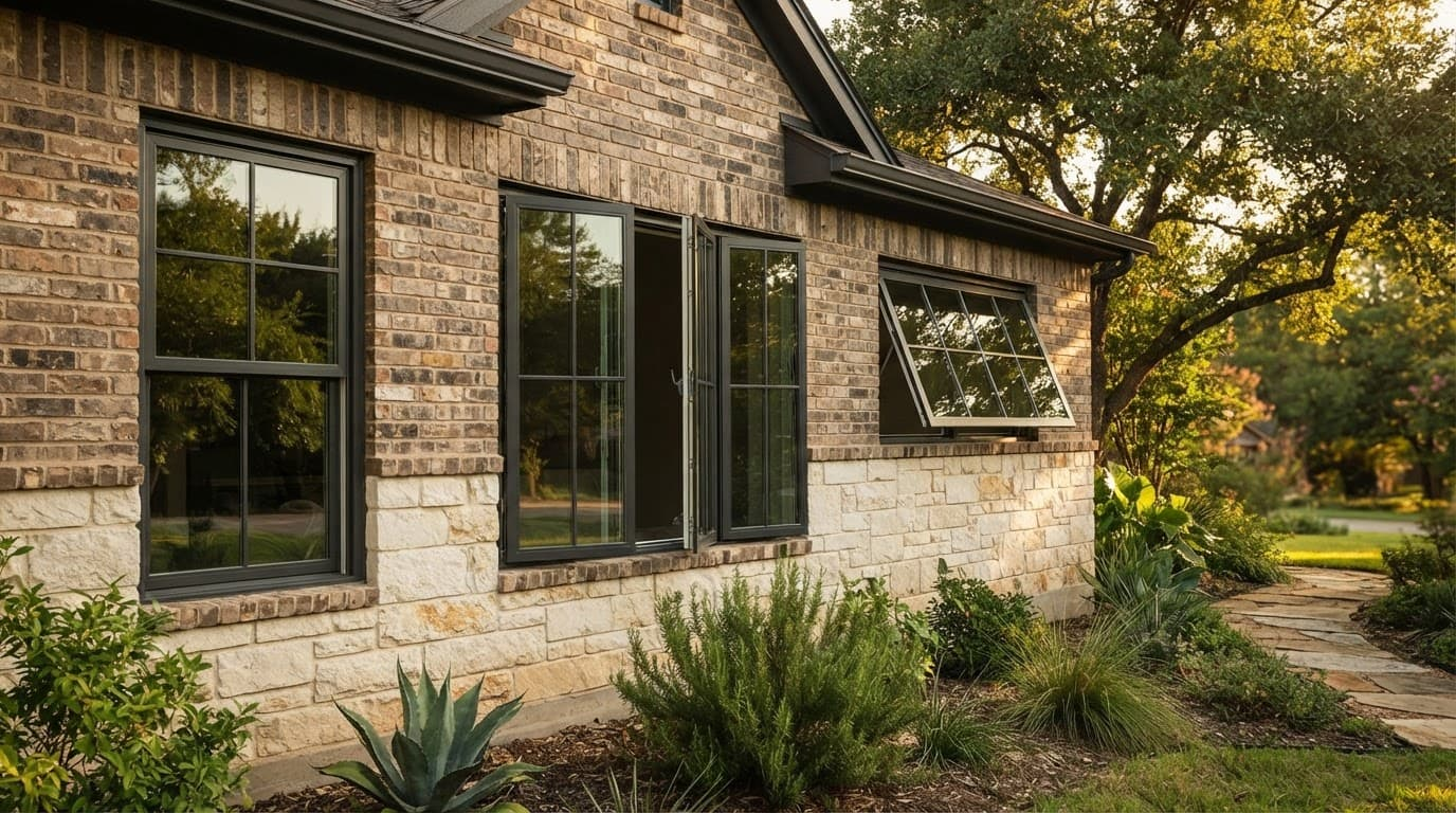 A Texas home showing double-hung, casement, and awning windows.