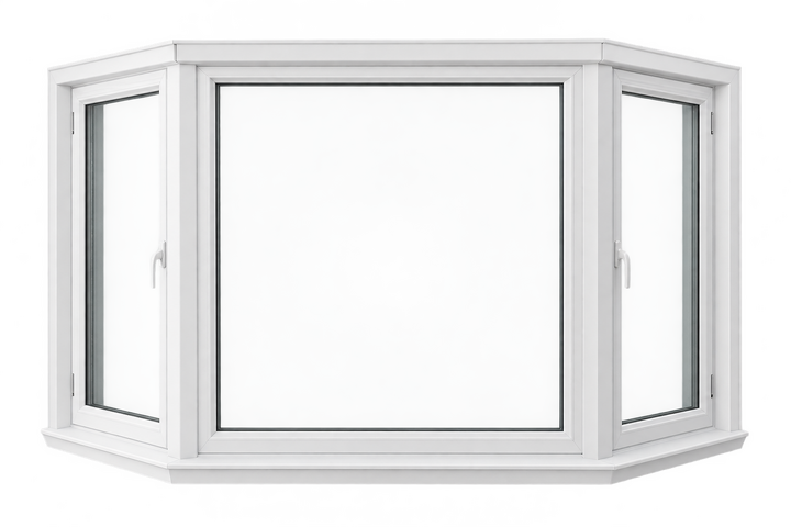 White three-panel bay window assembly